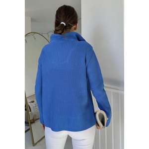 Pull en maille à col roulé bleu pour femme, manches longues, décontracté, anti-boulochage, mélange de laine 12 GG, pour l'automne et l'hiver - Product Image 1