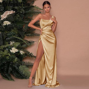 Nuovo Design moda estiva una spalla fessura vita alta abiti lunghi Sexy donna elegante abito da festa in raso - Product Image 2