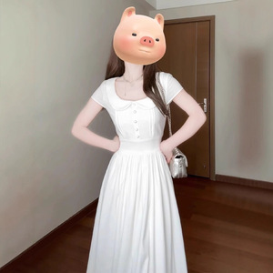 Vestido de Noche Estilo Francés, Color Blanco Puro, Silueta Larga en Línea A, Cuello Cuadrado, Cintura Imperio, Transpirable, para Verano - Product Image 3