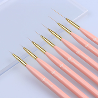 Kit de 7 pinceaux professionnels de précision pour nail art, manche en bois rose, virole dorée, pour la peinture au gel et les lignes françaises