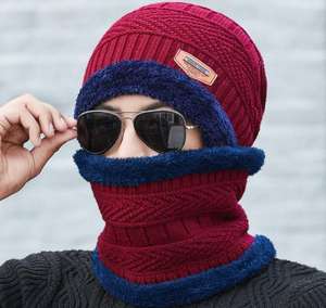 Ensemble bonnet et écharpe d'hiver unisexe confortable de bonne qualité et pas cher, bonnet en tricot pour homme avec fourrure intérieure - Product Image 6