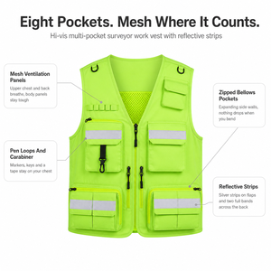Gilet <span class=keywords><strong>de</strong></span> sécurité haute visibilité multi-poches pour géomètre, en maille respirante, réfléchissant, avec fermeture éclair, anneau en D et passants pour stylos, pour <span class=keywords><strong>la</strong></span> construction et les travaux <span class=keywords><strong>de</strong></span> topographie - Product Image 5