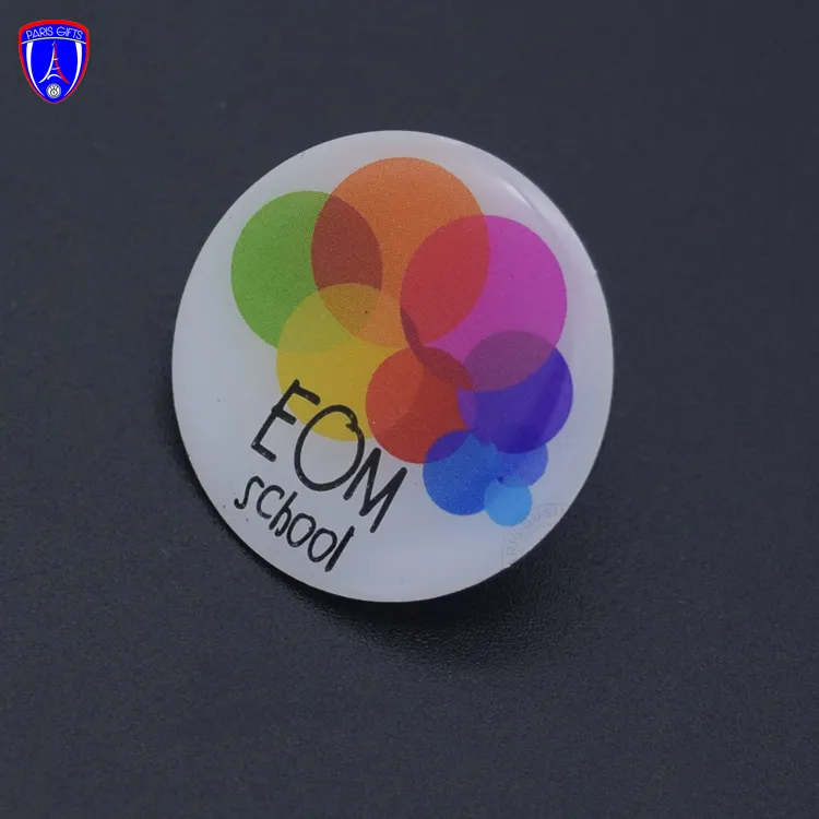 Free sample fashion custom epoxy colorful printing round lapel pin EOM school souvenir gifts silver plating pin badges