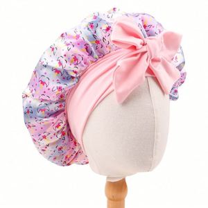 Bonnet personnalisé pour enfant avec logo, large, à marque privée, imprimé, en satin, pour la nuit, avec bande élastique en soie pour cheveux - Product Image 1