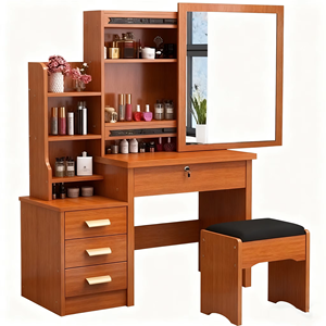 Table de toilette en bois brun de style nordique pour la chambre à coucher, table de maquillage avec miroir, vente en gros, bon marché, rangement - Product Image 2