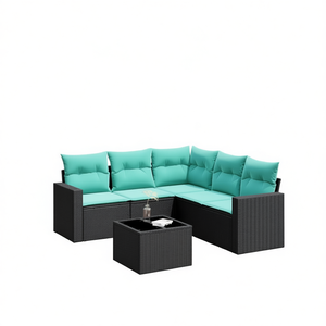 ชุดโซฟาลานบ้านหวายโพลีสีดำ 6 ชิ้นพร้อมเบาะรองนั่ง เฟอร์นิเจอร์กลางแจ้งสำหรับ 6 คน ดีไซน์ร่วมสมัย สไตล์โมเดิร์น - Product Image 1