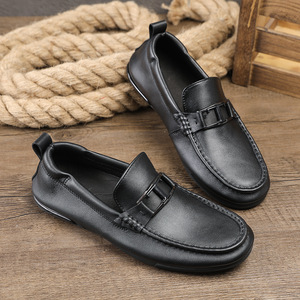 Men's Genuine Leather Loafers Round Toe Slip-On Soft Rubber Sole <b>Summer</b> Casual Shoes Buckle <b>Decoration</b> - Product Image 1