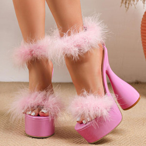 Sandales à talons hauts pour femmes, style original, avec fourrure, talon aiguille, plateforme, chaussures habillées, fourrure moelleuse, à bride cheville - Product Image 4