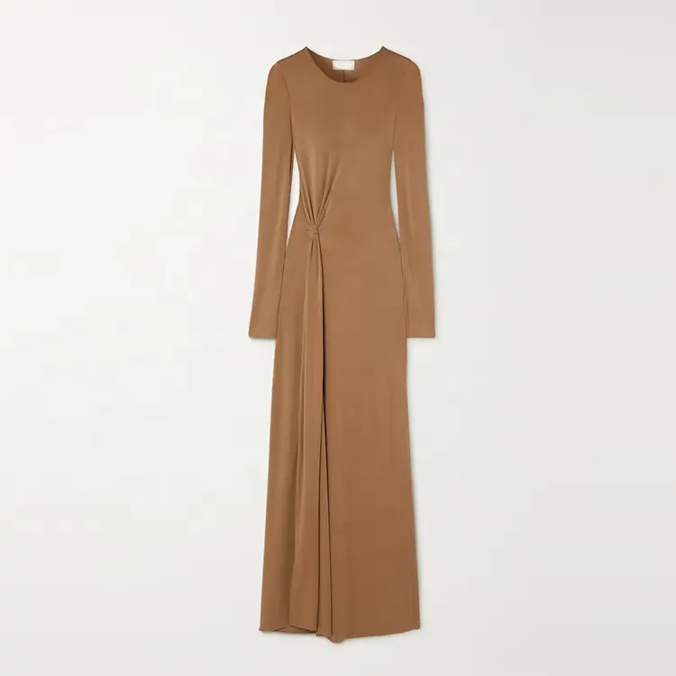 Clothing Manufacturer Custom spring autumn Brown Crew Neck Long Sleeve Elegant Casual maxi women Dress 2023