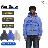 TaiDe Sweat à capuche zippé sur mesure effet délavé soleil, imprimé logo étoile et flamme tribale, coupe ample et oversize, OEM ODM, usine de vêtements en gros pour hommes