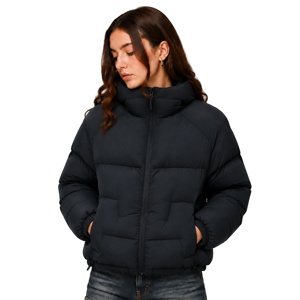 <span class=keywords><strong>Chaqueta</strong></span> Corta Acolchada de Plumón para Mujer, con Cuello Alto y Capucha Fija, Negra, Cortavientos, Cálida, para Invierno - Product Image 1