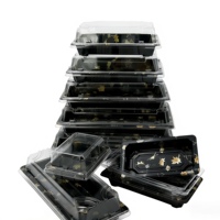 Boîte à sushi jetable de luxe en PET avec feuille d'or, plusieurs tailles, couvercle transparent, conteneur en plastique de qualité alimentaire pour les magasins de cuisine japonaise et le sucre