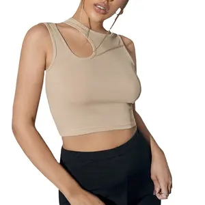 Ladies Summer Custom Ribbed T Shirts Hollow Out Crop Sleeveless Tank Crop Tops For Women