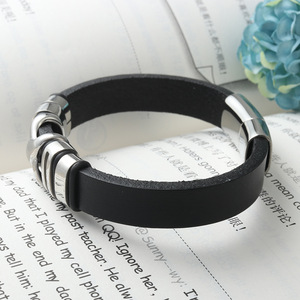 Black <b>Leather</b> <b>Bracelet</b> With Titanium Steel Bowknot Design Unisex Fashion Jewelry Gift 17022 - Product Image 2