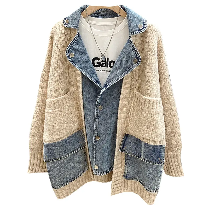 Automne hiver nouveau épissage femme pull manteau lâche Denim Cardigan veste mode tricoté femmes chandails