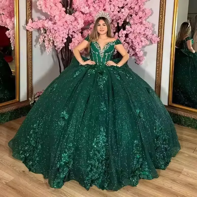 green emerald velvet dress Green Shimmering Tiered Ruffled Vintage Princess Dress Puffed Sleeve Quinceanera Dresses 25046 Custom Colors / US10 main image 0