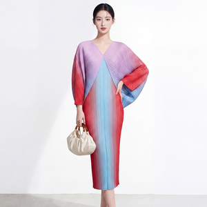 Women's <b>Plus</b> <b>size</b> Collar Puff Sleeve <b>Chiffon</b> A-Line Miyake <b>Dress</b> Gradient Color Classic Casual Natural Waist Evening <b>Dress</b> - Product Image 3