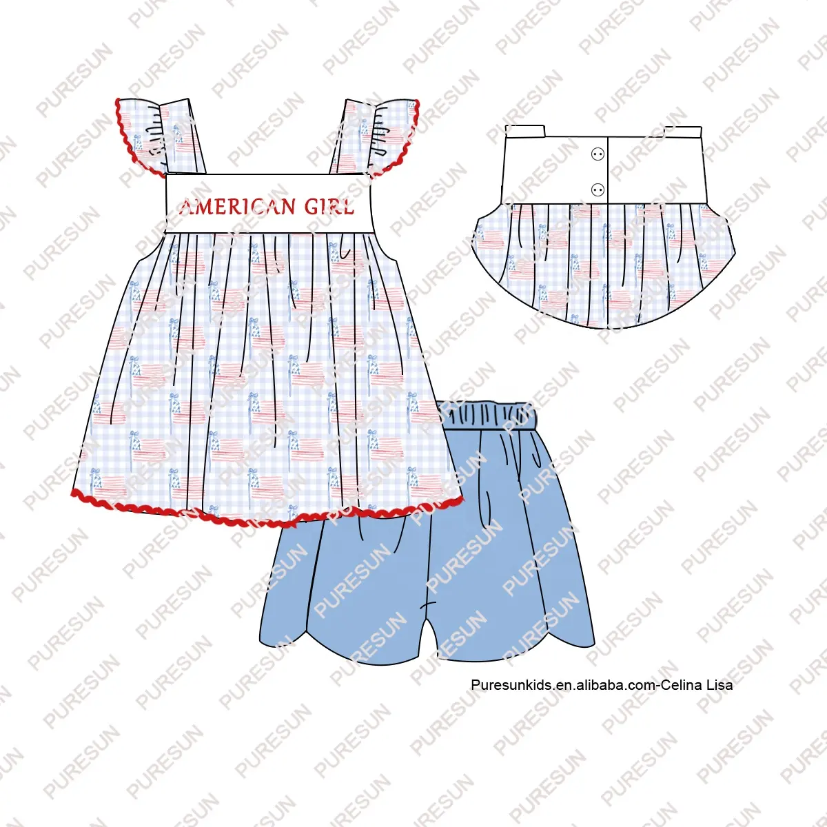 Nieuwste Patriottische Dag Boetiek Kids Kleding Gingham Vlag Baby Meisje Shorts Set Custom American Girl Borduurwerk Outfits