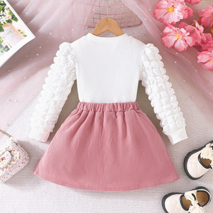 Girl 4-8 Years Casual Woolen Dress Set With Bows Pattern Fashion <b>Bubble</b> Sleeve Top and Pleated Skirt Two-Piece - Product Image 2