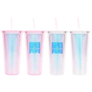 Custom Multi Color Double Wall Plastic Diamond Glitter Beverage coffee cup Reusable Cold Cups Studded Tumbler With Straw