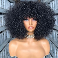 Perruque afro bouclée crépue à haute densité en gros à bas prix avec frange, perruques en cheveux humains vierges sans dentelle pour femmes, perruques courtes de style bob