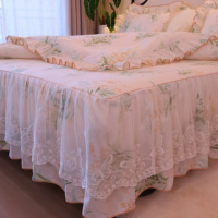 Ensemble de literie en coton 100% 40S à fleurs vertes, jupe de lit à volants en dentelle avec attaches antidérapantes, 4 pièces