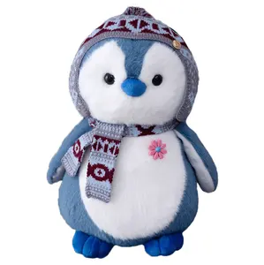 Jouet en peluche pingouin bleu mignon, animal en peluche pingouin avec chapeau et écharpe 2022