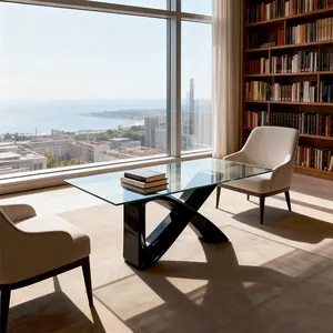 Custom <b>Glass</b> Top Office <b>Desk</b> Curved X Shaped FRP Base Table for Interior and Patio Use - Product Image 4