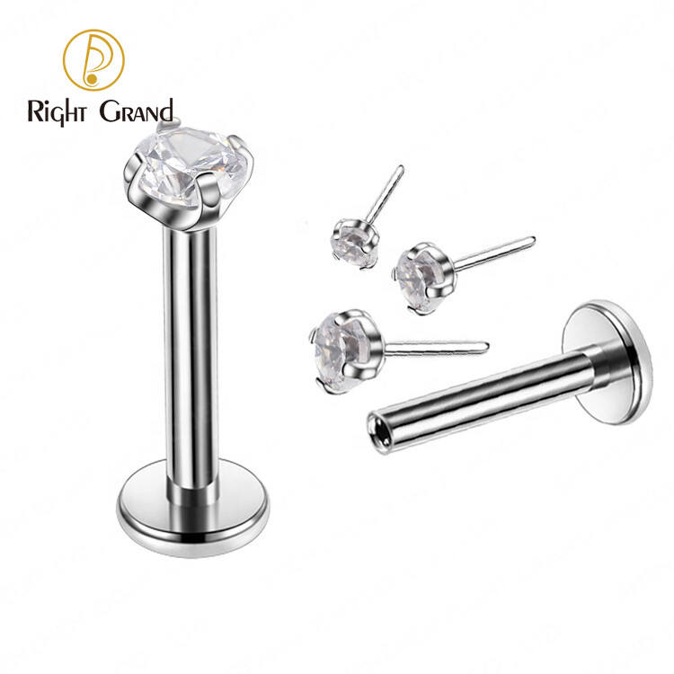 16G Implant Grade ASTM F136 Titanium Cubic Zircon Threadless Labret Ring  Body Piercing