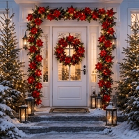 Guirlande de Noël artificielle en poinsettia et eucalyptus, illuminée, rouge et verte, 180 cm, décoration durable pour porte et escalier
