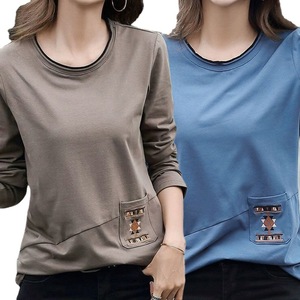 White Long Sleeve T-Shirt With Embroidered Pocket Women's Autumn Casual <b>Top</b> Plus Size <b>Patchwork</b> Base Layer Solid Color - Product Image 5