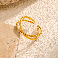 Bague ouverte double couche en acier inoxydable plaqué or 18 carats, texture corde torsadée, ajustable, certifiée pour femme