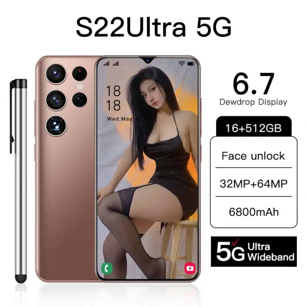 Vente en gros NOUVEAU S10 + Débloqué S22 Ultra 10 Core Dual SIM 16G + 512G Téléphones mobiles 7.3 pouces Android Smart Cell Téléphones mobiles