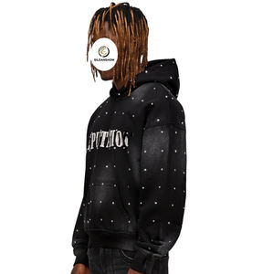 Sweat à capuche surdimensionné en molleton de coton 100% noir uni avec lavage à l'acide et strass Y2K, impression en relief - Product Image 2