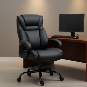 Chaise de bureau de direction à dossier haut, assise large, en cuir PU noir, accoudoirs réglables, base pivotante en métal, pour usage professionnel - Product Image 2