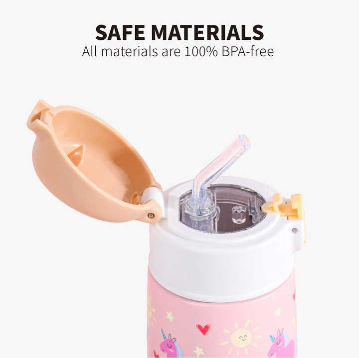 16 oz Hot and Cold Water Bottle Kids Stainless Steel Water Bottle Insulated Flask with Straw