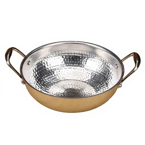 Kadahi en laiton avec deux poignées en acier inoxydable, marmite ronde durable pour cuisson sur cuisinière, design vintage. - Product Image 1