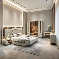 Ensemble de chambre à coucher de luxe turc complet en cuir avec rangement, cadre de lit moderne rembourré pour lit double, queen ou king size (California Full)