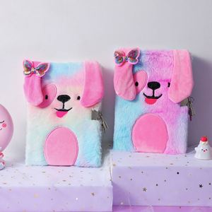 Tie-dye Colorful Private Diary <b>Notepad</b> with Lock Fluffy Journal Plush Rainbow Dog Notebook for Girls - Product Image 1