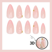 Kuku Palsu 24Pcs Gaya Eropa Warna Nude Pink Solid 3D Ukiran Bunga Bentuk Almond Siap Pakai Grosir