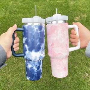 Prêt à expédier : Gobelets isothermes en acier H2.0 Tie Dye de 40 oz avec poignée et paille - Product Image 3