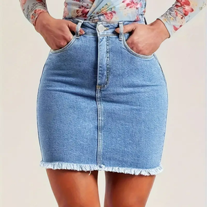 <span class=keywords><strong>Jupe</strong></span> en <span class=keywords><strong>jean</strong></span> taille haute coupe droite pour femme, en coton lavé respirant, longueur genou, style sexy, avec pompons, pour l'été - Product Image 4