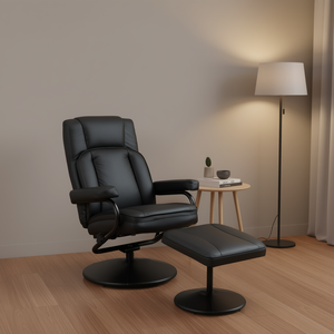 Poltrona reclinabile girevole in pelle sintetica manuale nera con pouf per soggiorno in ufficio o camera da letto - Product Image 2