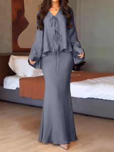Conjunto coordinado gris pizarra modesto: Top con cuello en V y lazo frontal con falda maxi, ropa casual islámica contemporánea, 100% poliéster, ajuste holgado. - Product Image 3