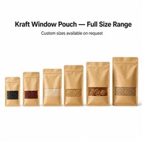 Sachet autoportant en kraft avec fenêtre, fond plat, refermable à fermeture éclair, à découpe en U, finition mate, pour emballage alimentaire et produits secs