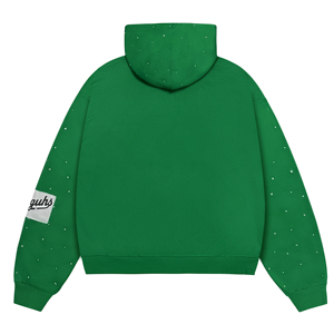 เสื้อฮู้ดซิปโอเวอร์ไซส์สีเขียวประดับเพชรเทียม ผ้าฝ้าย พิมพ์ลายกราฟิก ทรงหลวม สไตล์วินเทจ สำหรับผู้ชาย (OEM ODM) - Product Image 2