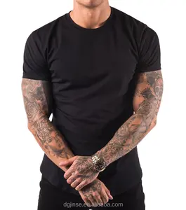 Kaus Kerah Crew Hem Melengkung Kualitas Tinggi Pria Otot Slim Fit Kaus Lengan Logo Kustom Kosong untuk Pria 100% Katun