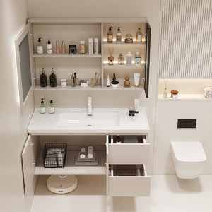 Ensemble de meubles de salle de bain modernes en bois massif couleur crème, résistant à l'eau, avec vasque en céramique intégrée, miroir, pour hôpital et appartement - Product Image 4