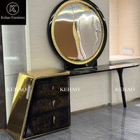 Luxuriöser Designer-Schminktisch aus Burlholz mit Schubladen & Rundem Gold-Kunstspiegel, Italienischer Stil Kosmetiktisch für Villa-Schlafzimmer