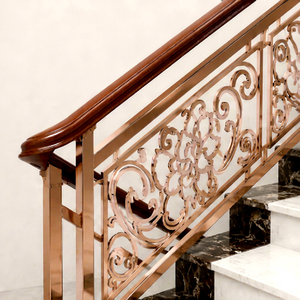 Luxury Rose Gold Stair Railing with Ornate Floral Design Wooden <b>Handrail</b> and Marble <b>Steps</b> for Modern Home Interior - Product Image 1